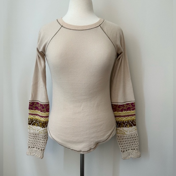 Free People Tops - Free People In The Mix Crochet Cuff Long Sleeve Thermal Linen Combo Top GUC Sz M